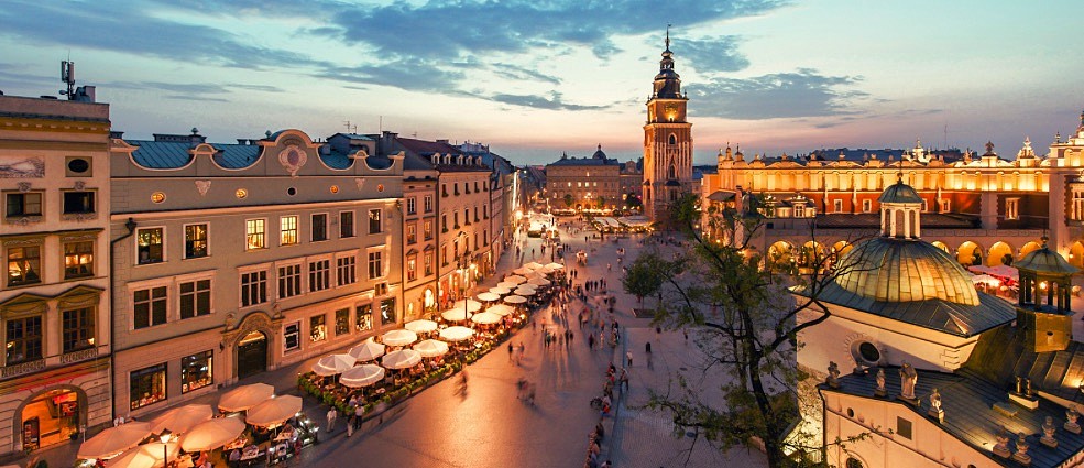 Panorama view of the city centre during sunset in Krakow, Poland